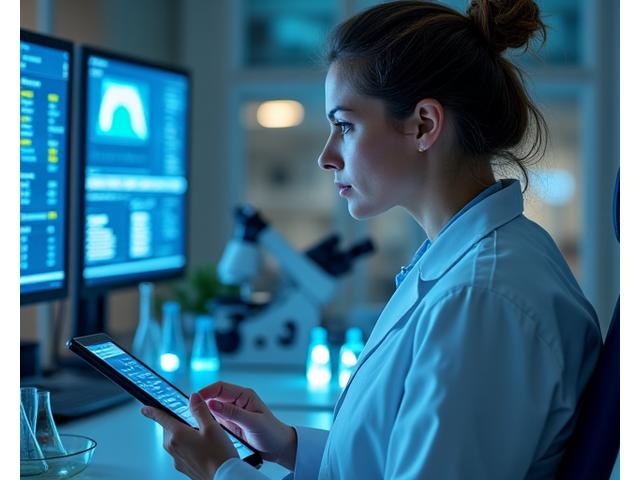 A Solarae Bloom Therapeutics expert examining lab test results for a product, with a microscope and herbal supplements in the background, symbolizing scientific validation.